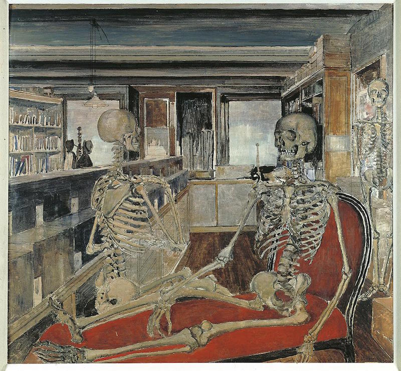 Paul Delvaux. Le Maître du rêve. : Paul Delvaux, Les Squelettes, 1944 Huile et encre de Chine sur panneau, 84 x 90 cm